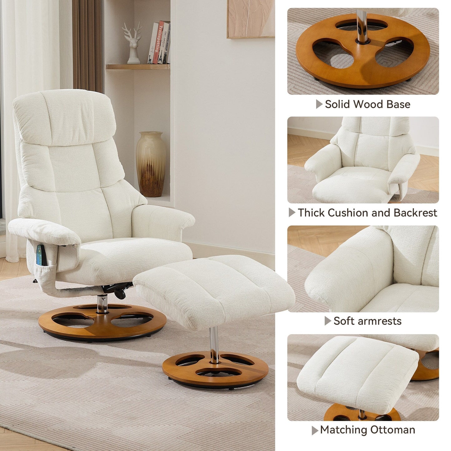 Fauteuil de massage chauffant, pivotant et inclinable, en tissu chenille, avec repose-pieds, dossier réglable et télécommande