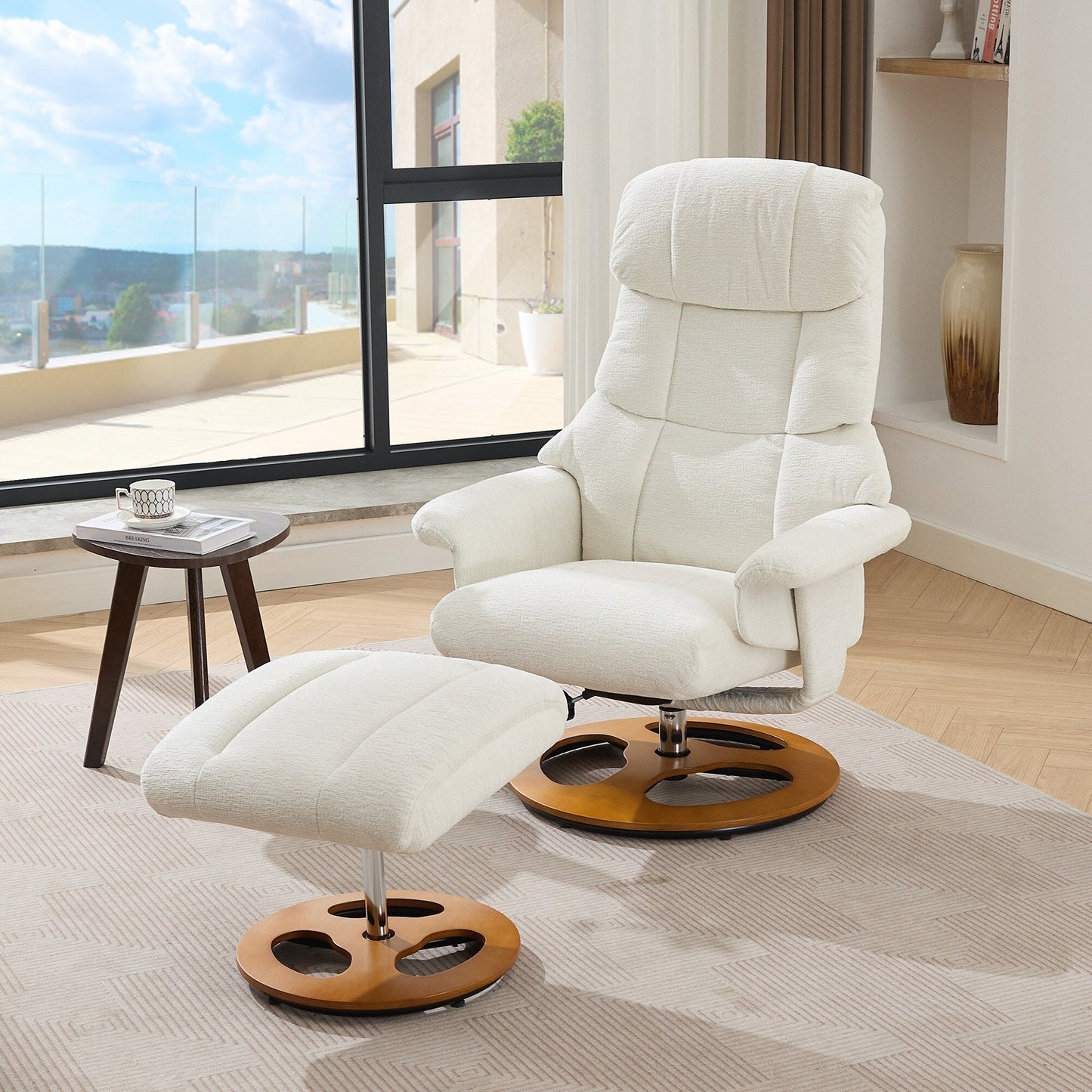 Fauteuil de massage chauffant, pivotant et inclinable, en tissu chenille, avec repose-pieds, dossier réglable et télécommande