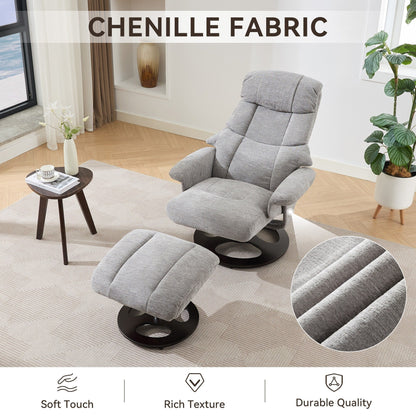 Fauteuil de massage chauffant, pivotant et inclinable, en tissu chenille, avec repose-pieds, dossier réglable et télécommande