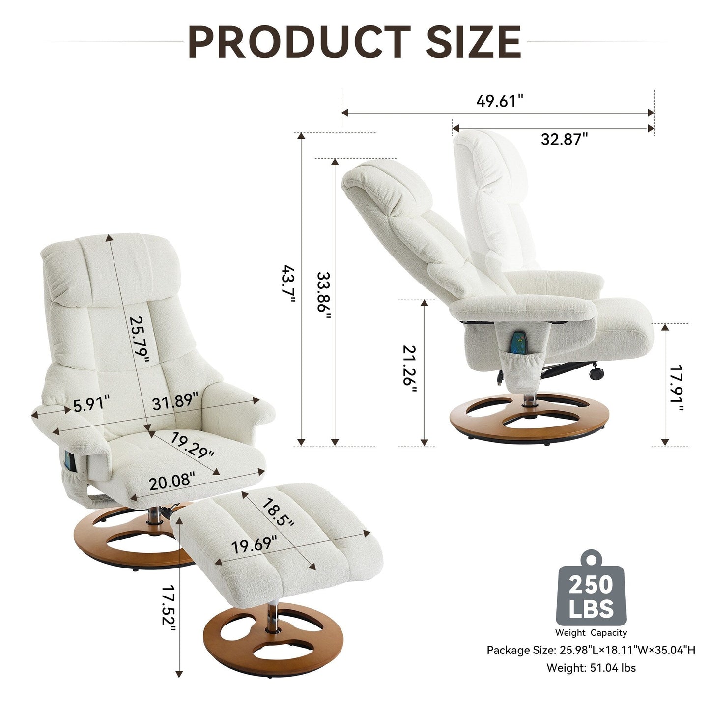 Fauteuil de massage chauffant, pivotant et inclinable, en tissu chenille, avec repose-pieds, dossier réglable et télécommande