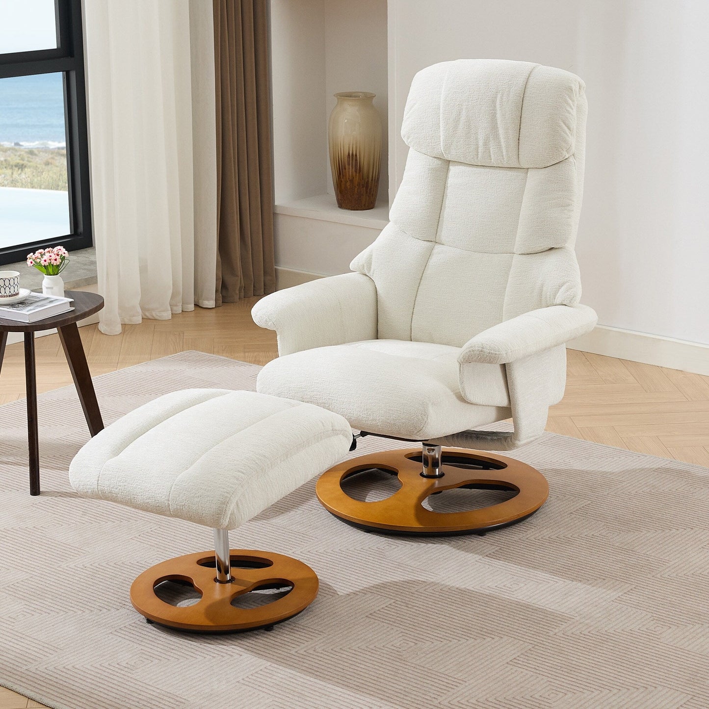 Fauteuil de massage chauffant, pivotant et inclinable, en tissu chenille, avec repose-pieds, dossier réglable et télécommande