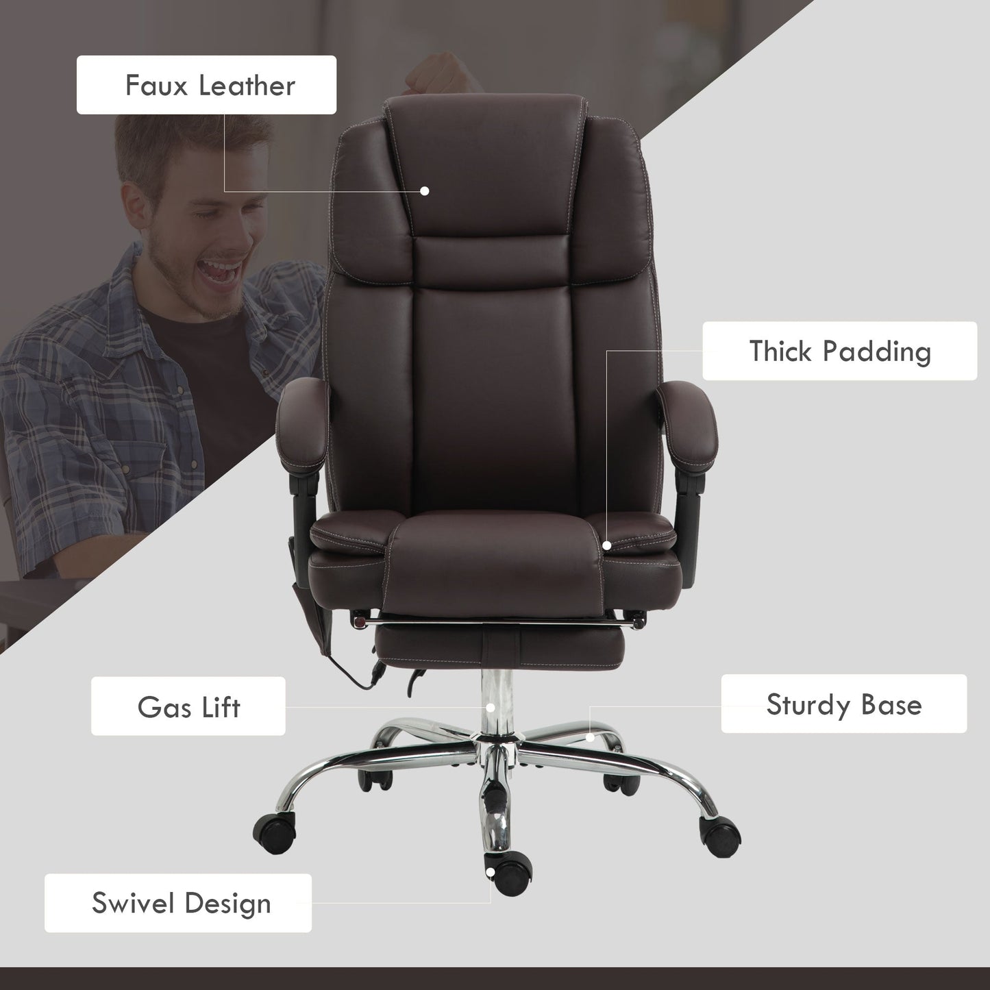Fauteuil de bureau chauffant en cuir synthétique avec massage, dossier inclinable, hauteur réglable et repose-pieds extensible