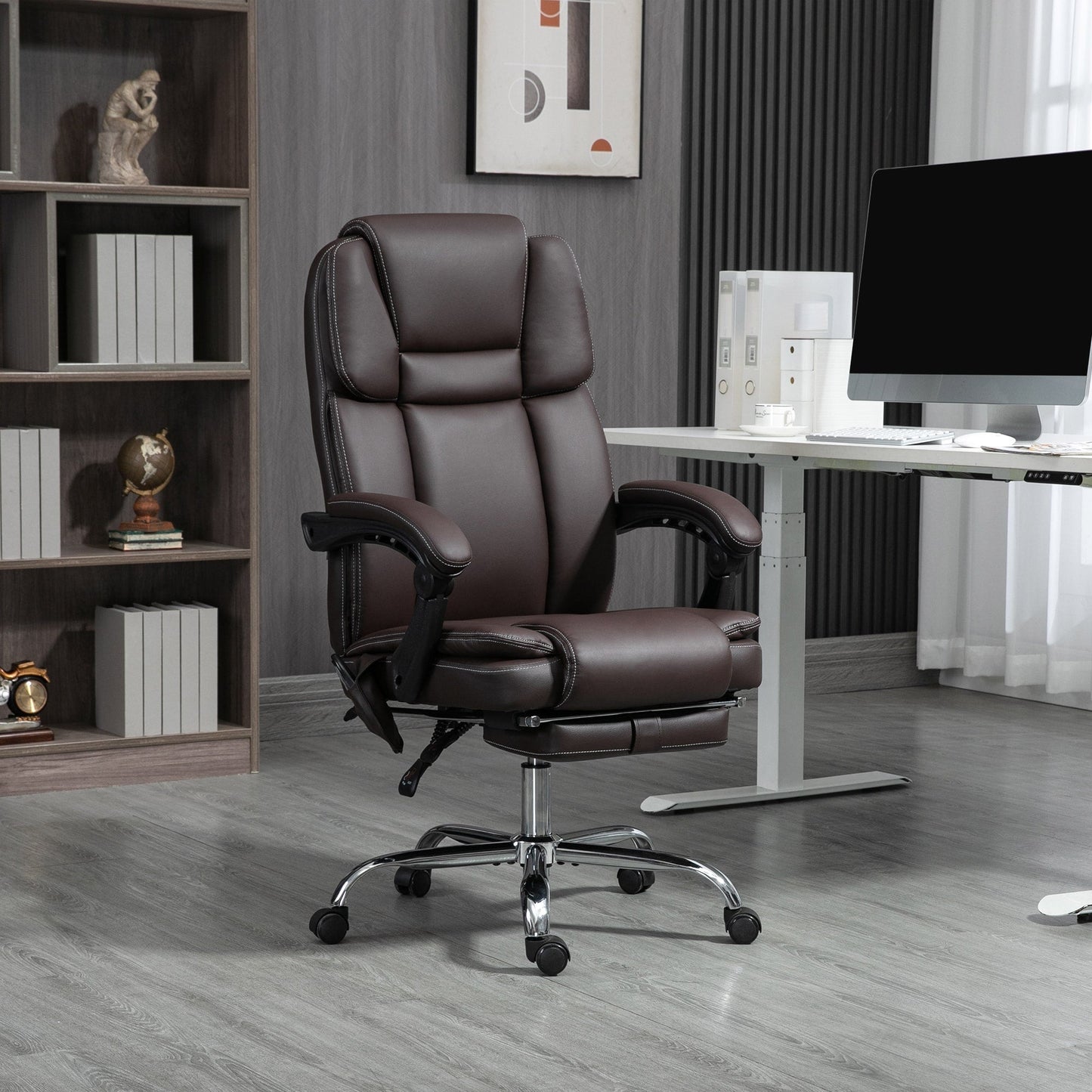 Fauteuil de bureau chauffant en cuir synthétique avec massage, dossier inclinable, hauteur réglable et repose-pieds extensible