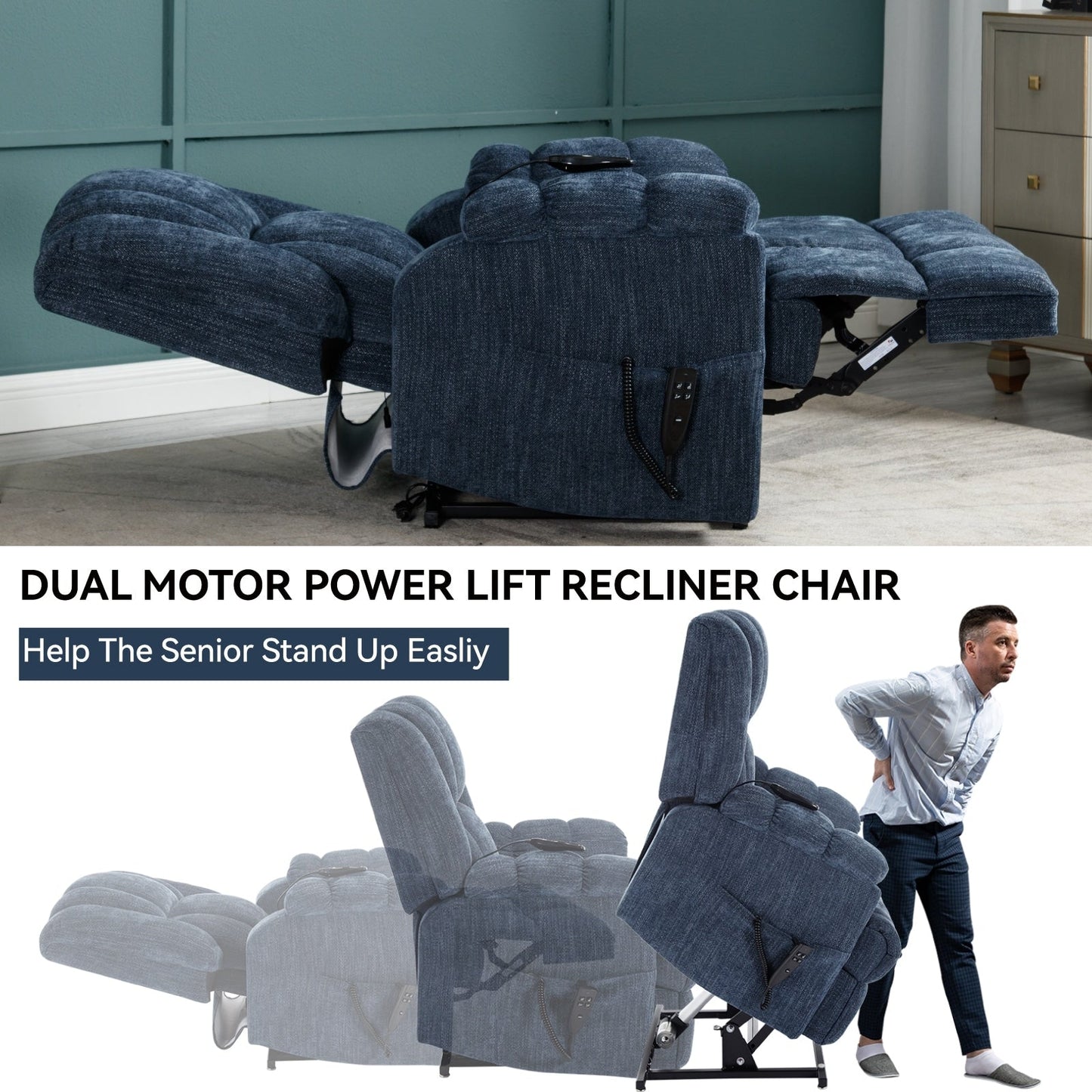 Fauteuil releveur robuste à double moteur pour personnes âgées avec chauffage, massage et inclinaison infinie, supporte jusqu'à 350 lb