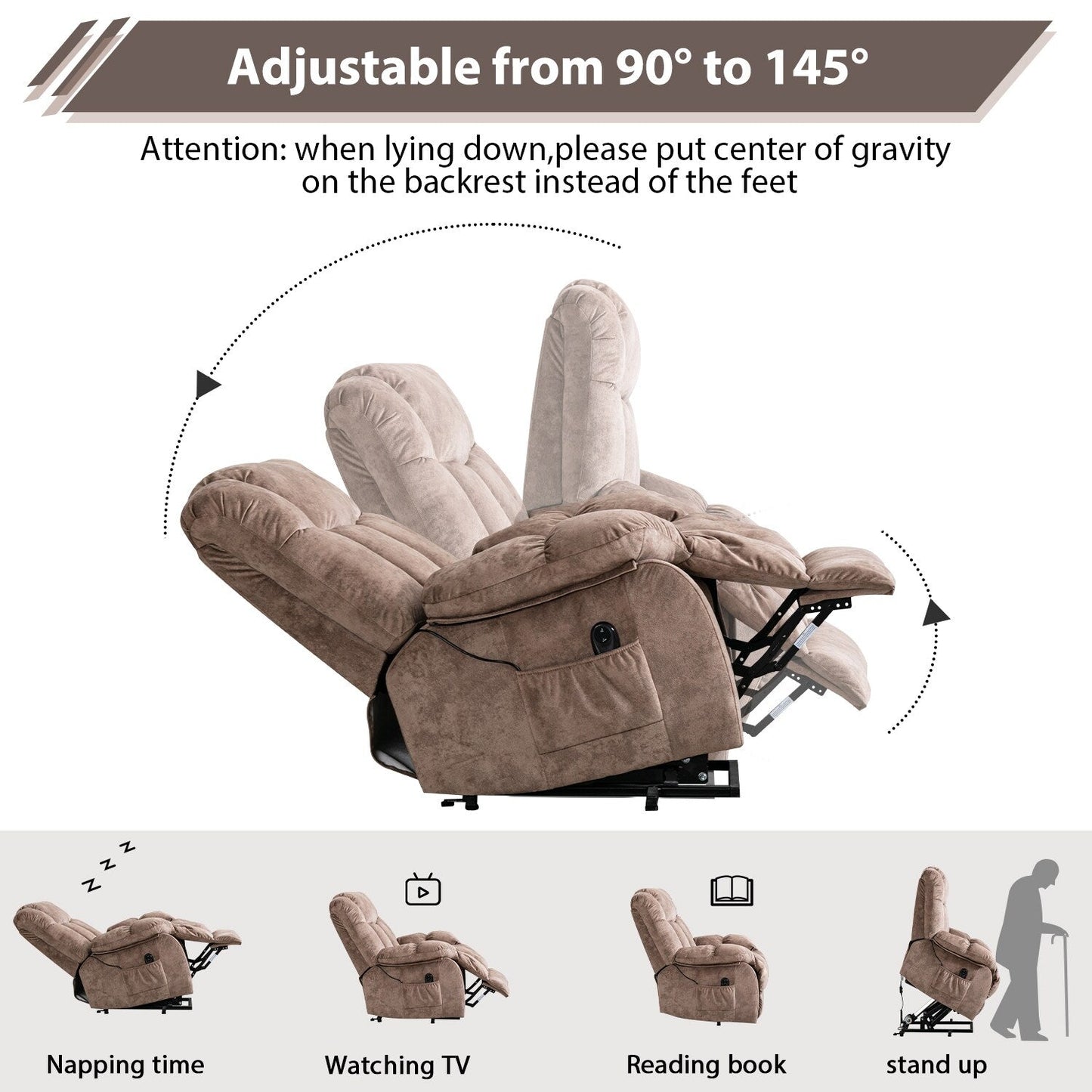 Fauteuil inclinable électrique robuste pour personnes âgées avec un design rembourré