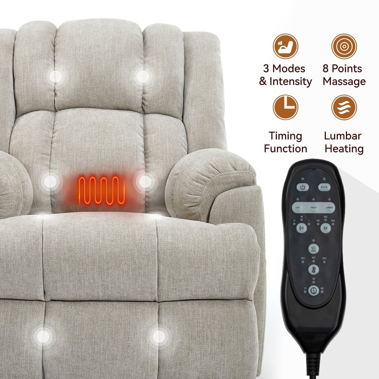 Fauteuil inclinable électrique robuste avec double moteur, fonctions de chauffage et de massage, canapé inclinable électrique à positions infinies