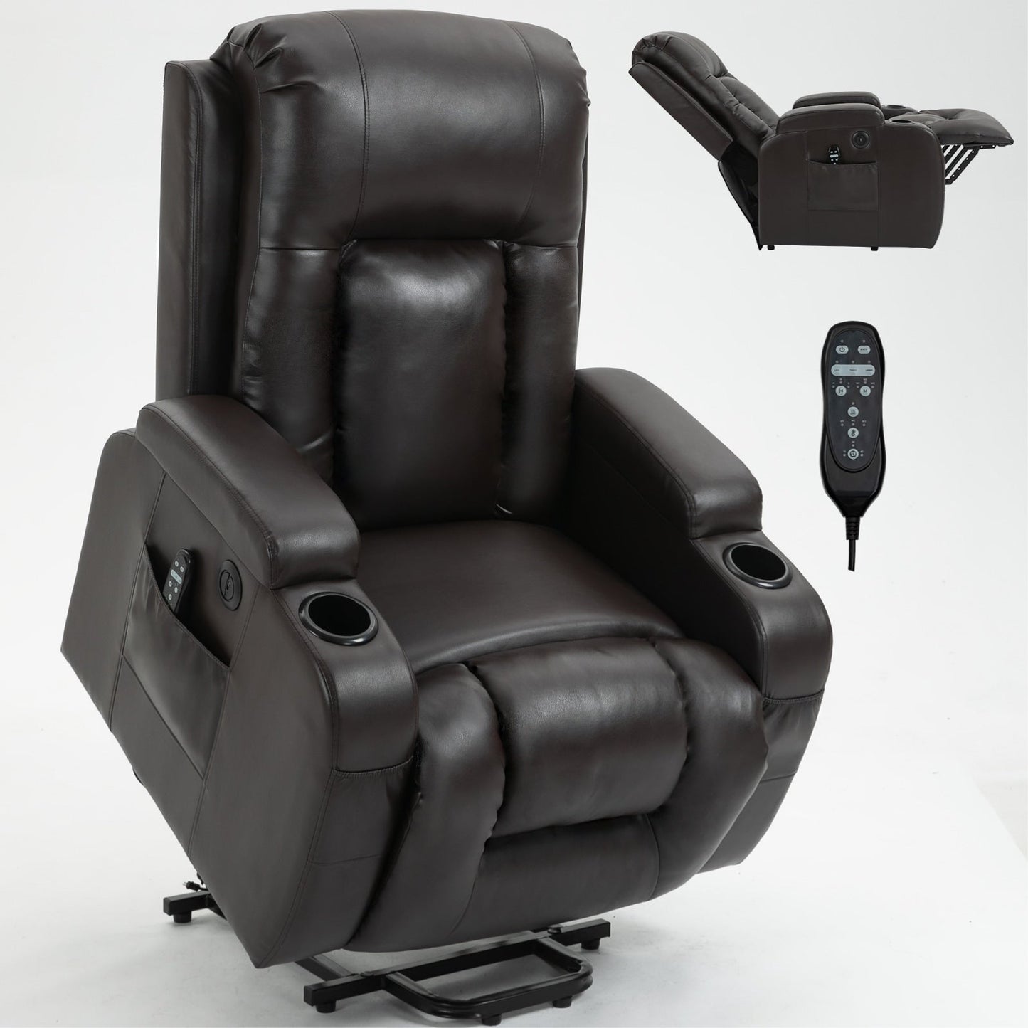 Fauteuil inclinable électrique robuste avec massage à 8 points, thermothérapie lombaire, chargement USB, deux porte-gobelets et sièges spacieux