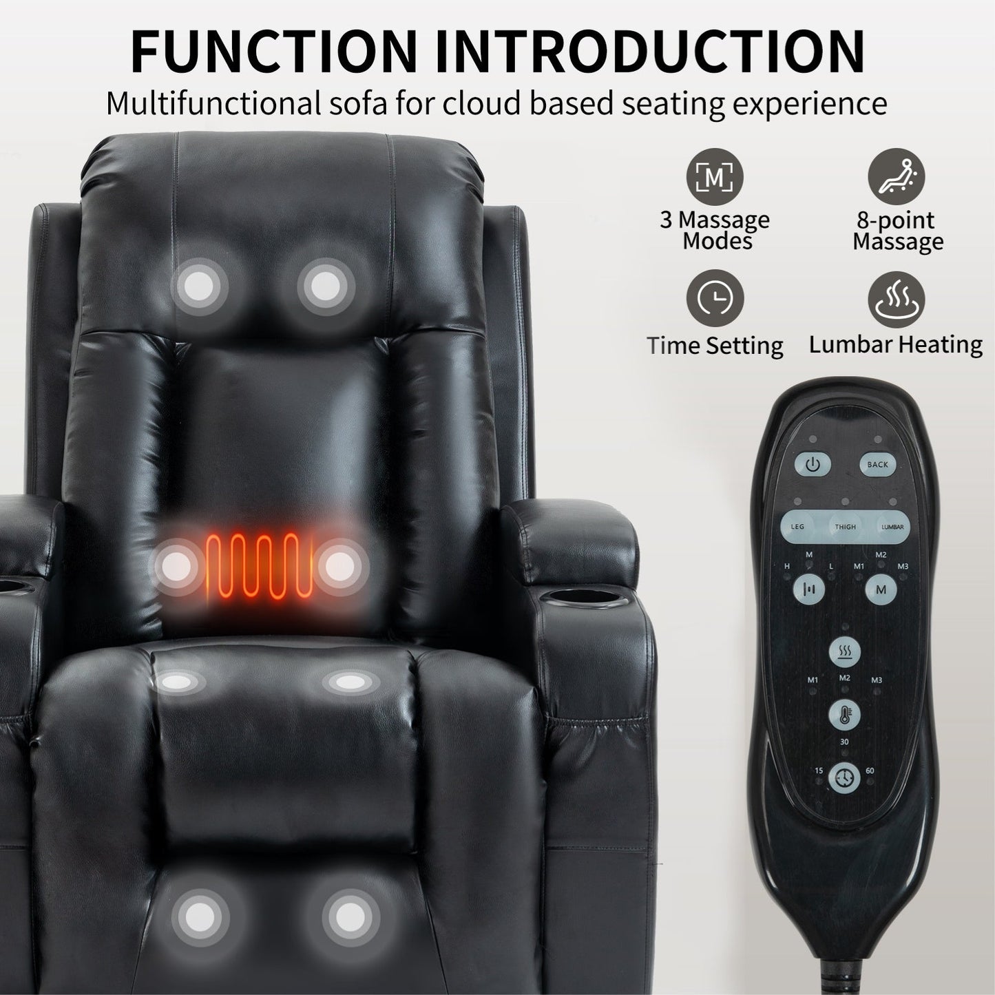 Fauteuil inclinable électrique robuste avec massage à 8 points, thermothérapie lombaire, chargement USB, deux porte-gobelets et sièges spacieux