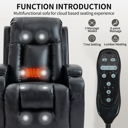 Fauteuil inclinable électrique robuste avec massage à 8 points, thermothérapie lombaire, chargement USB, deux porte-gobelets et sièges spacieux