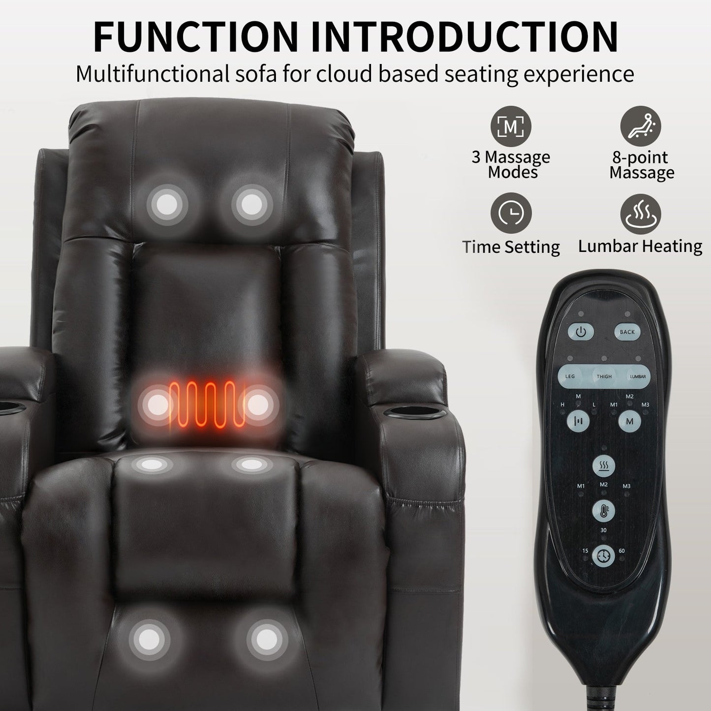 Fauteuil inclinable électrique robuste avec massage à 8 points, thermothérapie lombaire, chargement USB, deux porte-gobelets et sièges spacieux