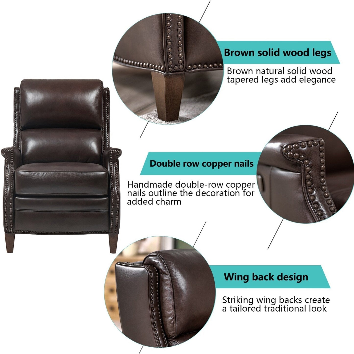 Fauteuil inclinable électrique en cuir véritable Hekkin avec appui-tête réglable et port USB Sièges de salon ultra-confortables