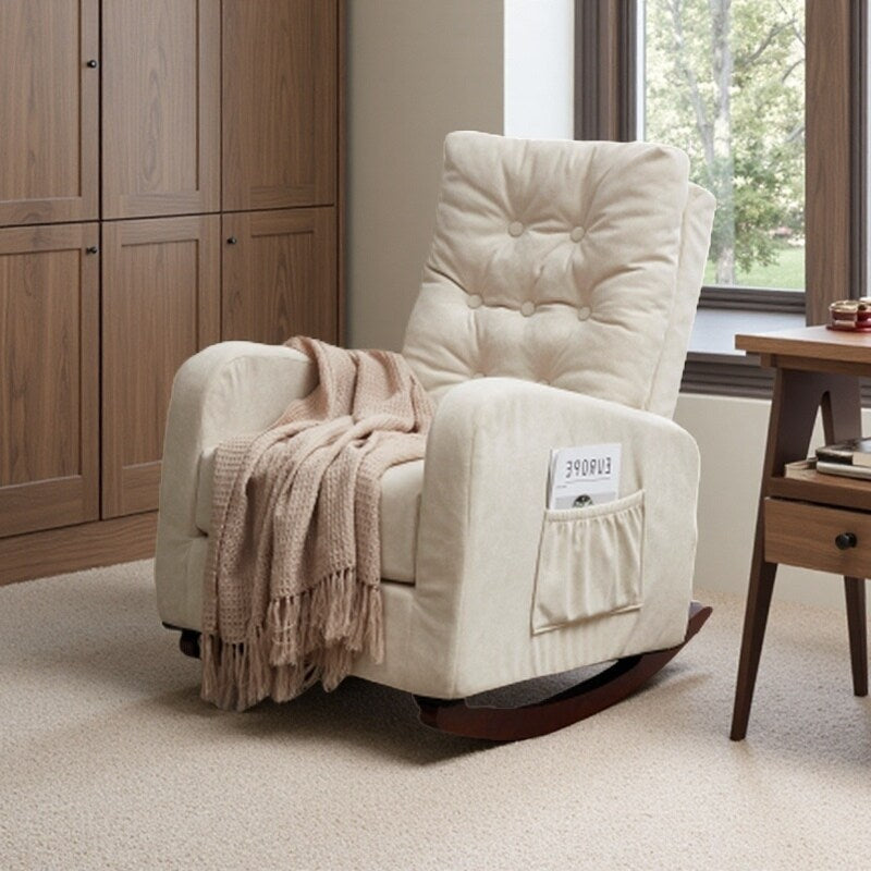 Fauteuil inclinable réglable à dossier haut avec pieds en bois massif, poches de rangement latérales et confort accru pour balcon