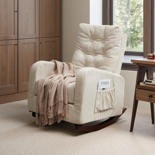 Fauteuil inclinable réglable à dossier haut avec pieds en bois massif, poches de rangement latérales et confort accru pour balcon