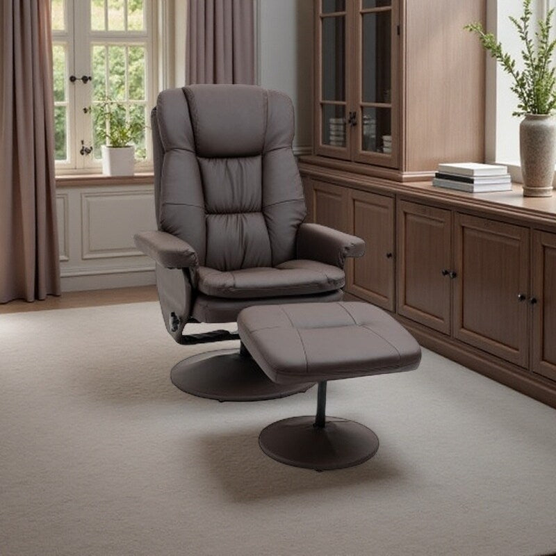 Fauteuil inclinable pivotant en similicuir à dossier haut avec dossier réglable, repose-pieds ottoman et base enveloppée robuste pour le salon