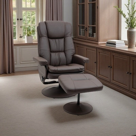 Fauteuil inclinable pivotant en similicuir à dossier haut avec dossier réglable, repose-pieds ottoman et base enveloppée robuste pour le salon