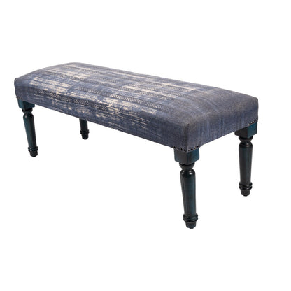 Banc rembourré HomeRoots 47 bleu et crème à motif abstrait avec pieds bleus - 47 x 18 x 16