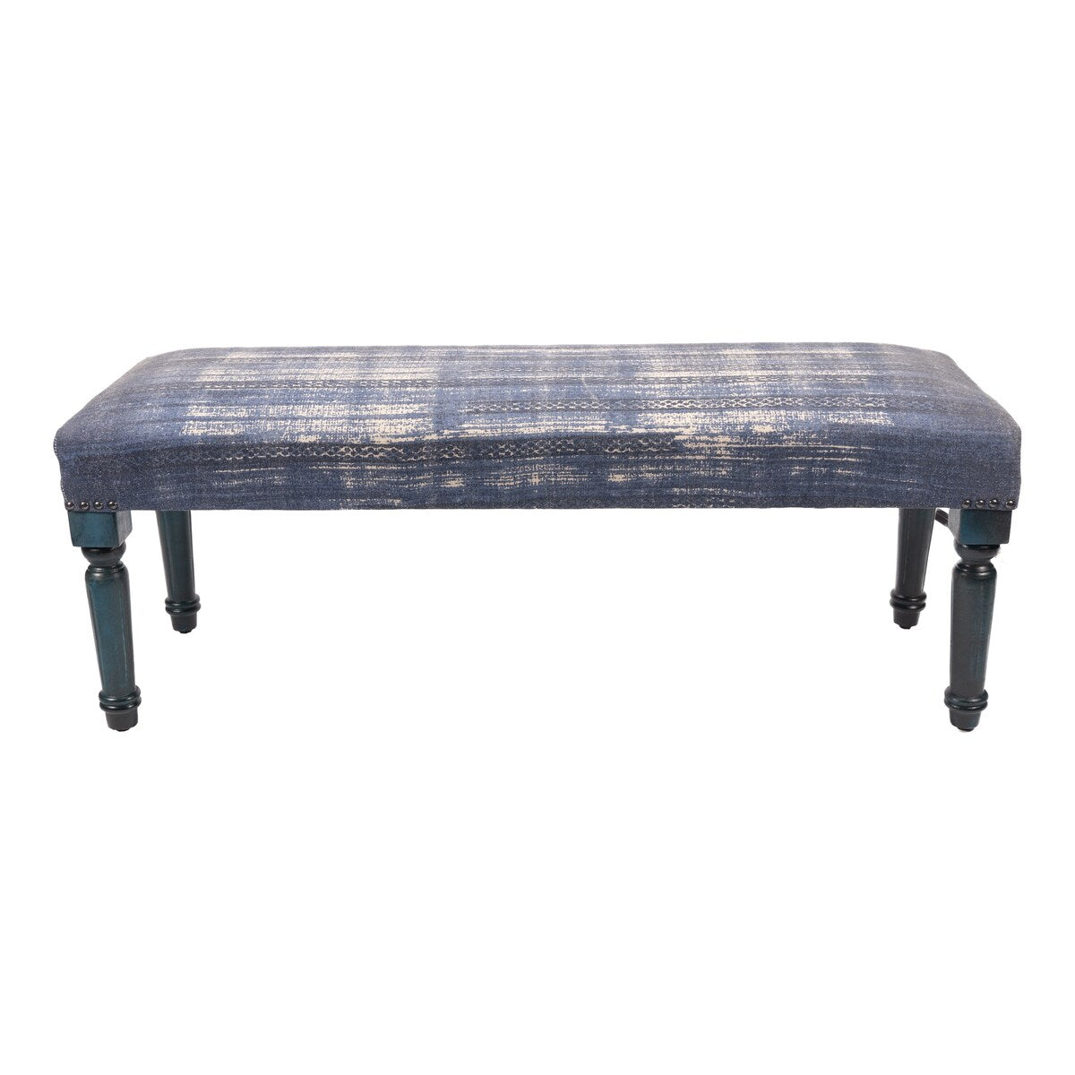 Banc rembourré HomeRoots 47 bleu et crème à motif abstrait avec pieds bleus - 47 x 18 x 16
