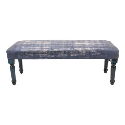Banc rembourré HomeRoots 47 bleu et crème à motif abstrait avec pieds bleus - 47 x 18 x 16