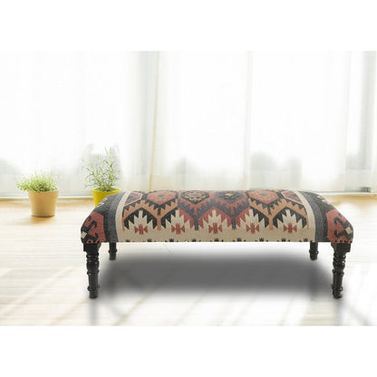 Banc rembourré en jute et laine mélangés beige, brun, rouille et noir HomeRoots 47, style sud-ouest vieilli - 47 x 18 x 16