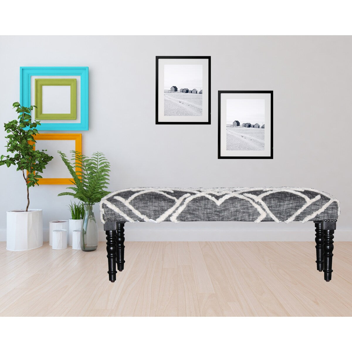 Banc rembourré en coton gris et blanc HomeRoots 47 - 47 x 18 x 16