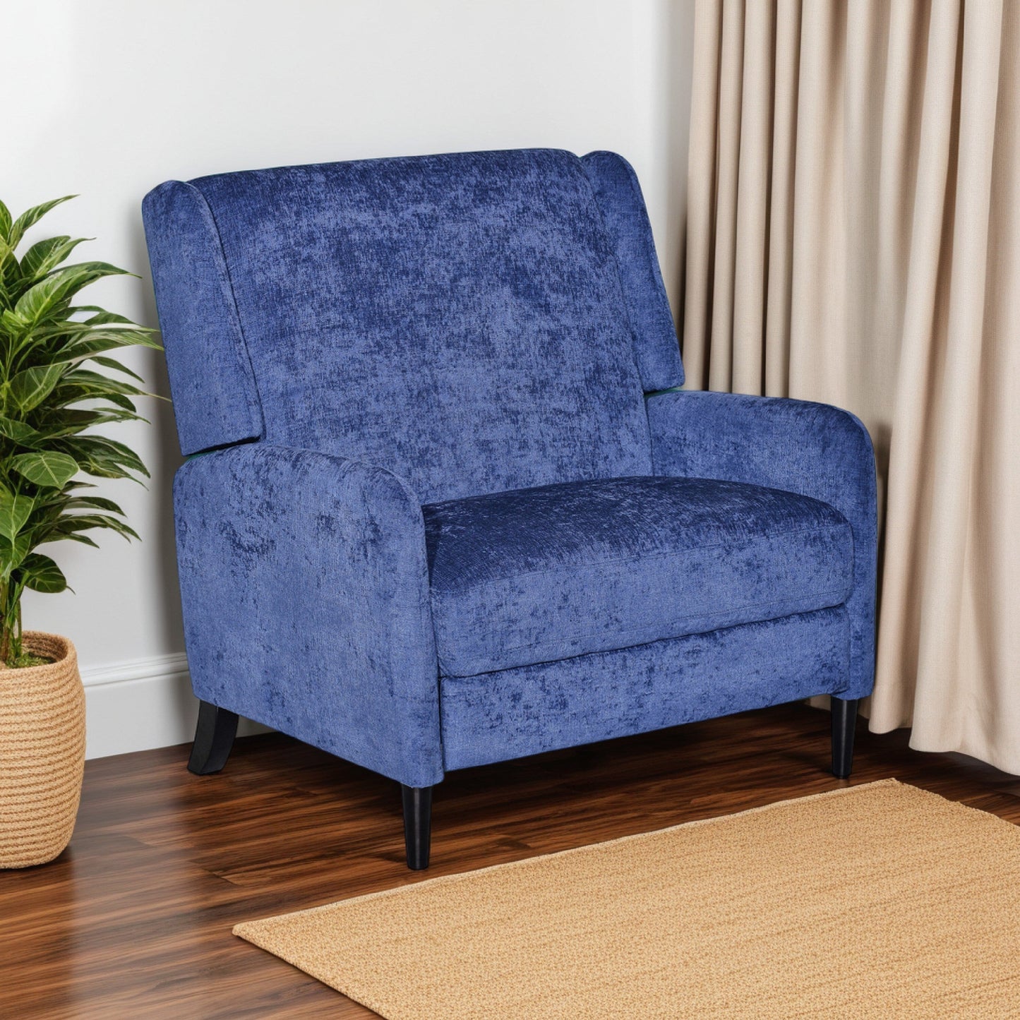 Fauteuil inclinable manuel Howie Pushback, bois brun foncé, bleu marine texturé
