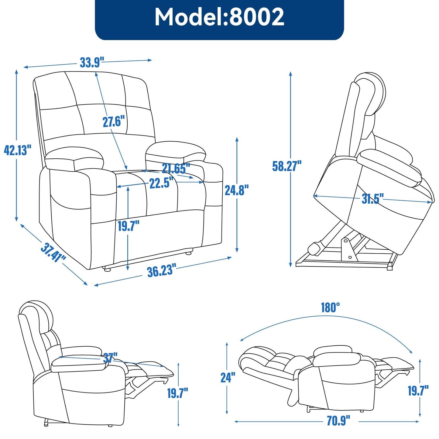 Fauteuil inclinable électrique à double moteur à position infinie, mécanisme de mouvement robuste avec porte-gobelets chauffants et de massage et poches latérales