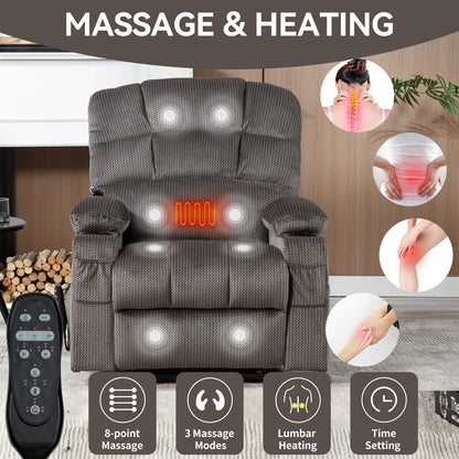 Fauteuil inclinable électrique à double moteur à position infinie, mécanisme de mouvement robuste avec porte-gobelets chauffants et de massage et poches latérales