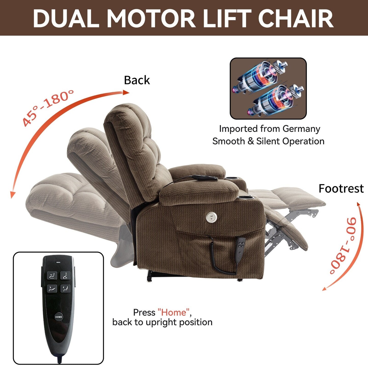 Fauteuil inclinable électrique à double moteur à position infinie, mécanisme de mouvement robuste avec porte-gobelets chauffants et de massage et poches latérales