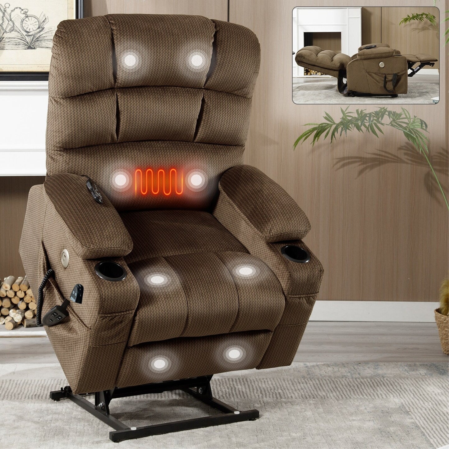 Fauteuil inclinable électrique à double moteur à position infinie, mécanisme de mouvement robuste avec porte-gobelets chauffants et de massage et poches latérales