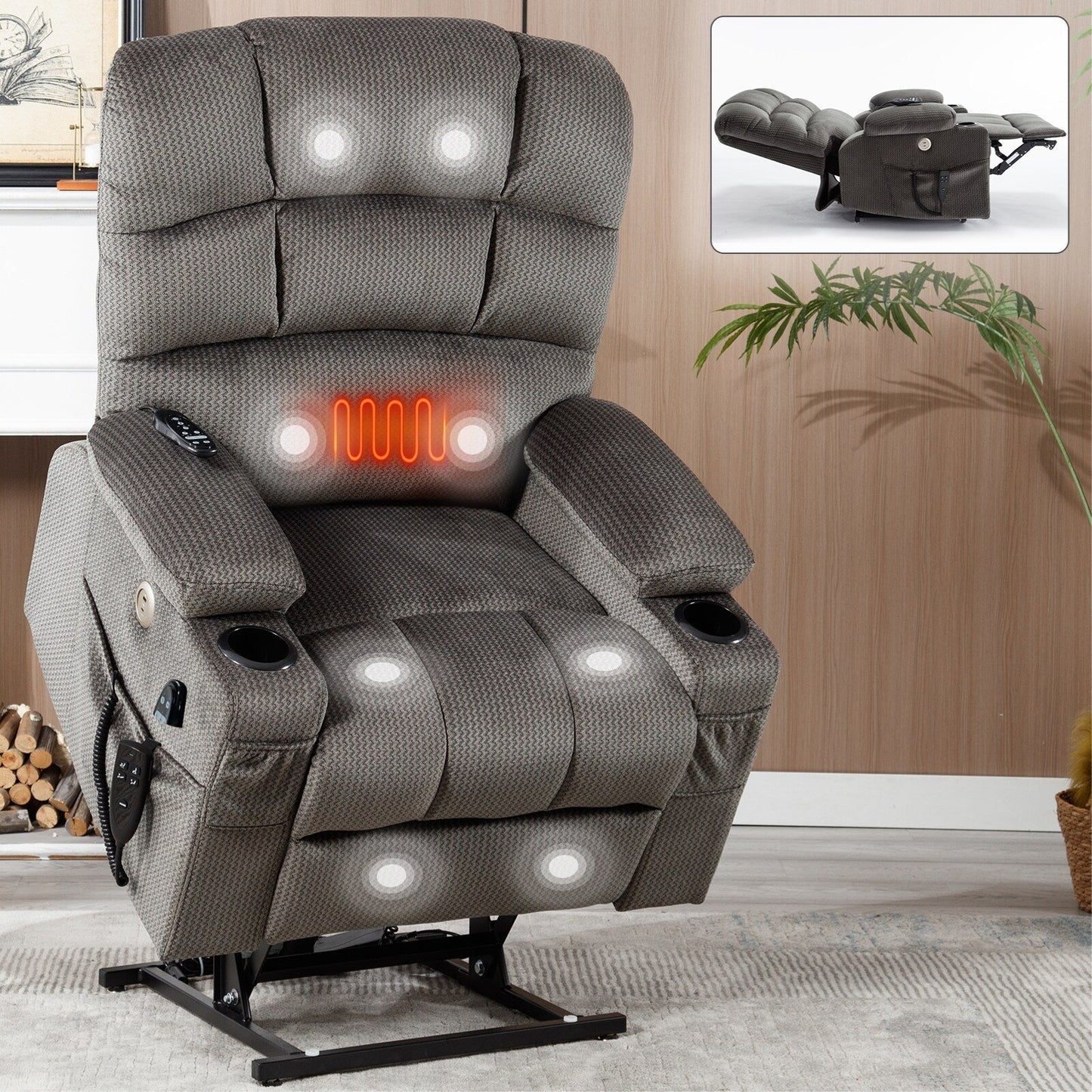 Fauteuil inclinable électrique à double moteur à position infinie, mécanisme de mouvement robuste avec porte-gobelets chauffants et de massage et poches latérales
