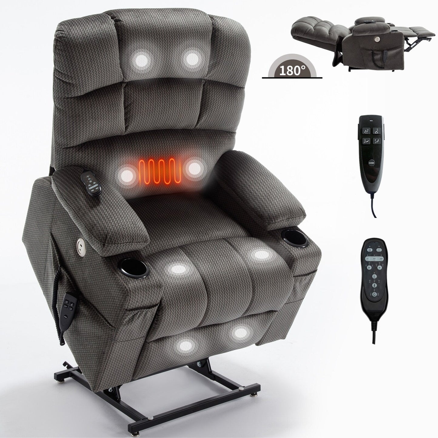 Fauteuil inclinable électrique à double moteur à position infinie, mécanisme de mouvement robuste avec porte-gobelets chauffants et de massage et poches latérales