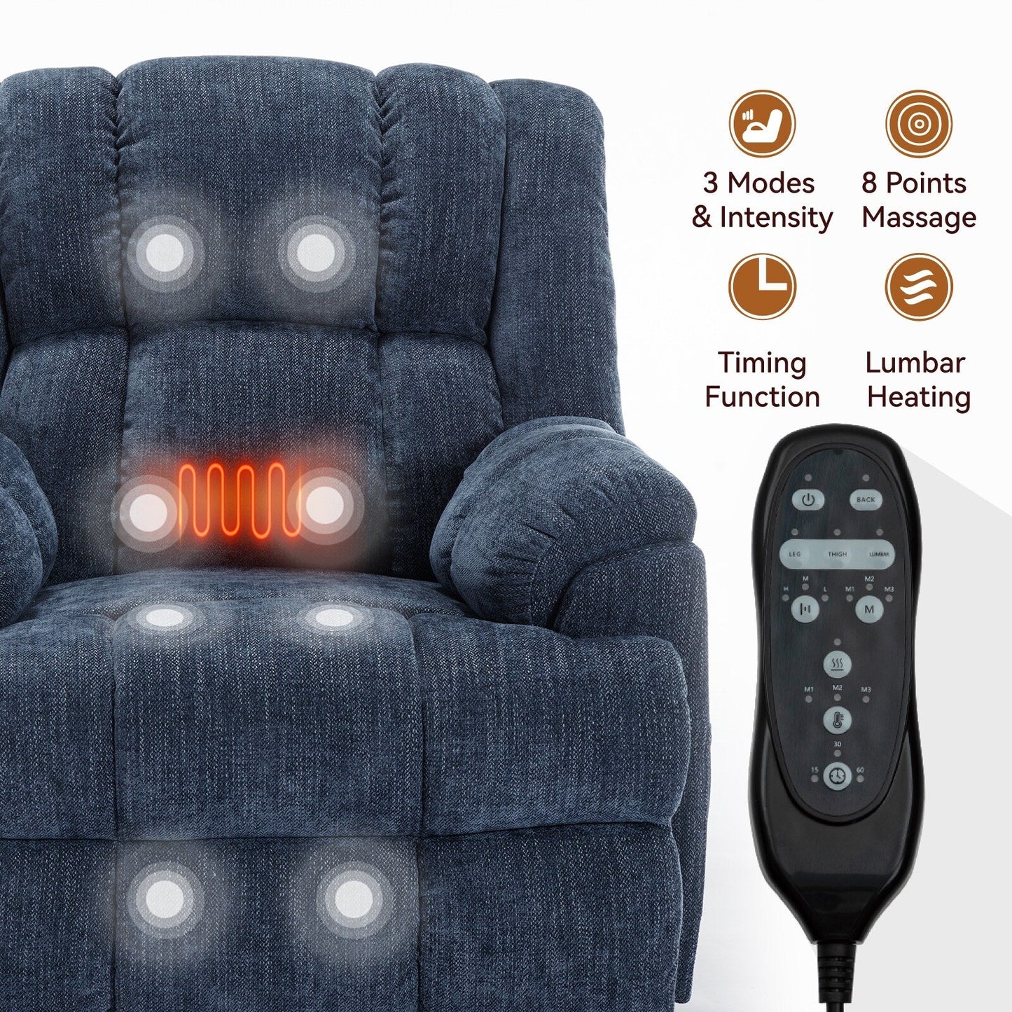 Fauteuil de massage robuste à position infinie, inclinable à double moteur avec télécommande électrique et chauffage lombaire