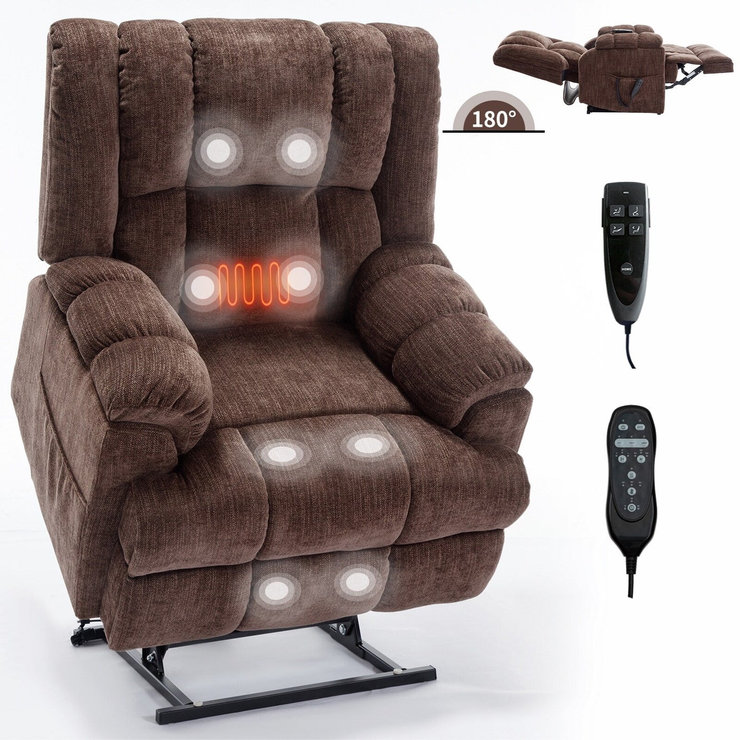 Fauteuil de massage robuste à position infinie, inclinable à double moteur avec télécommande électrique et chauffage lombaire