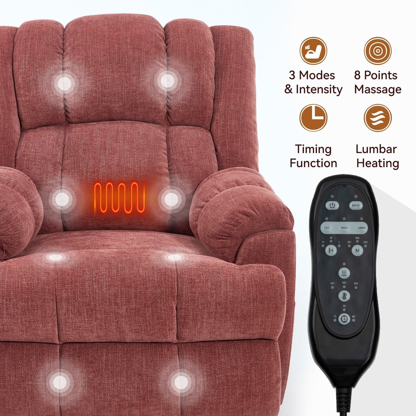 Fauteuil de massage robuste à position infinie, inclinable à double moteur avec télécommande électrique et chauffage lombaire