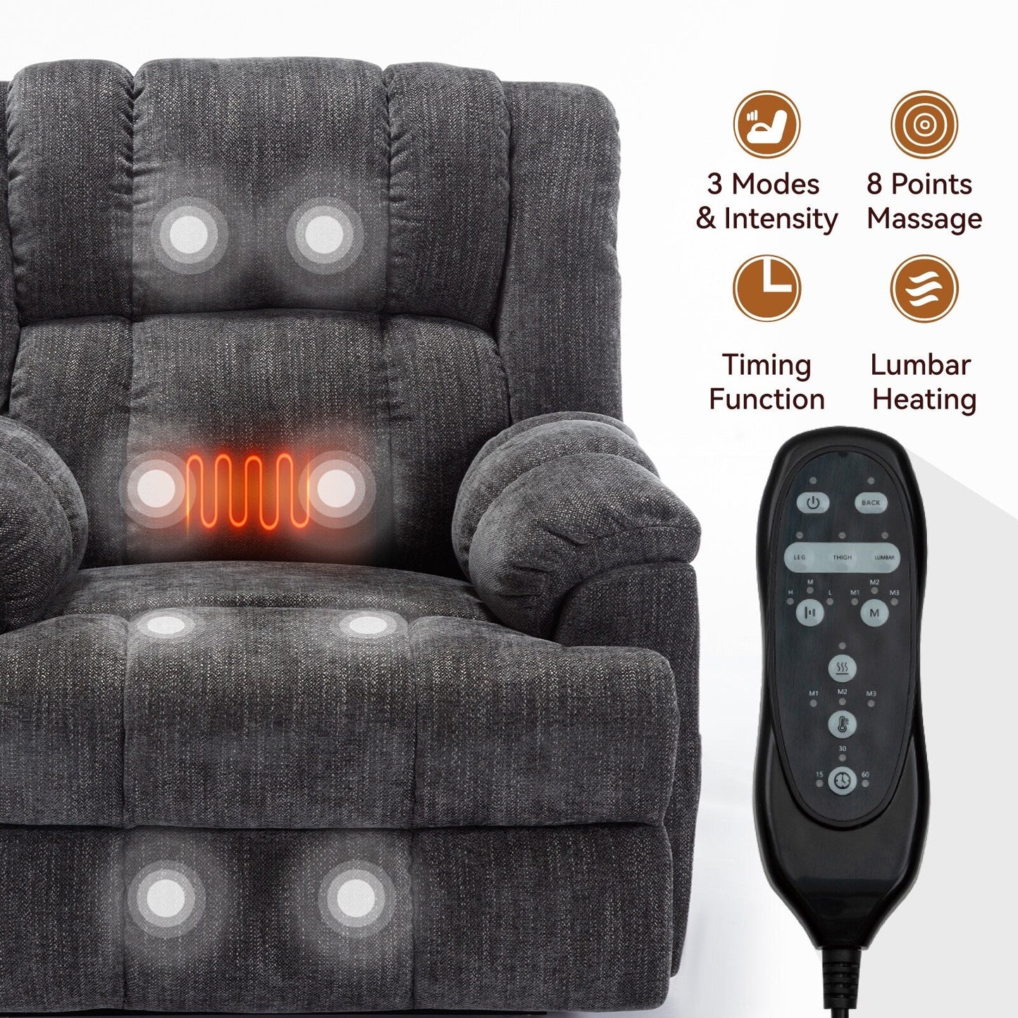 Fauteuil de massage robuste à position infinie, inclinable à double moteur avec télécommande électrique et chauffage lombaire
