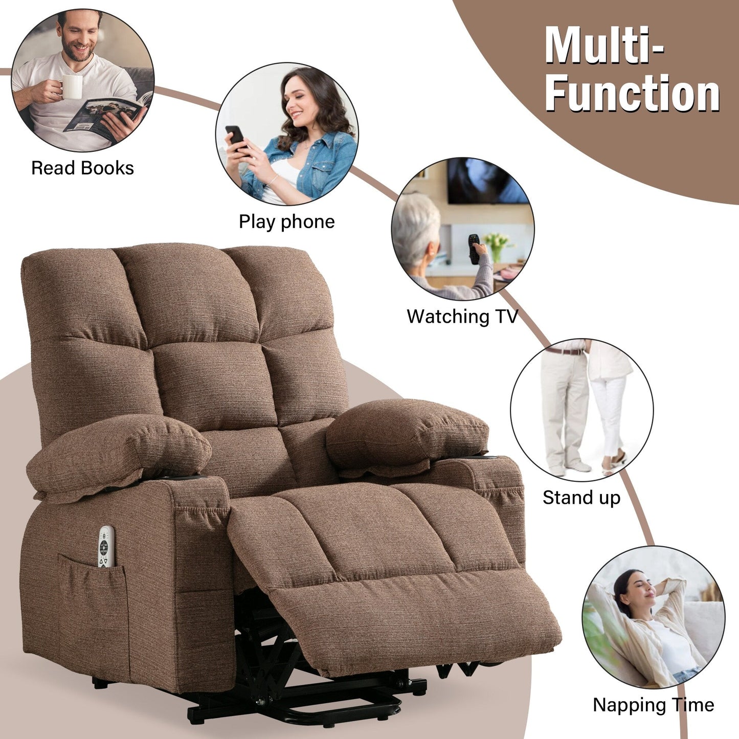 Fauteuil inclinable électrique à position infinie, canapé simple en tissu avec chauffage et massage, poche latérale, port de charge USB