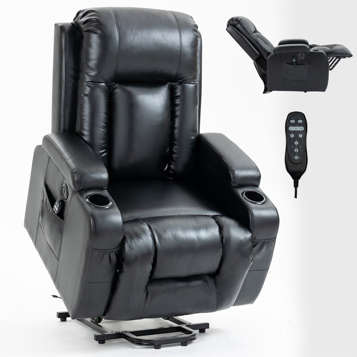 Fauteuil inclinable électrique à positions multiples avec massage et chauffage, deux ports USB, porte-gobelets, poches latérales, idéal pour les seniors