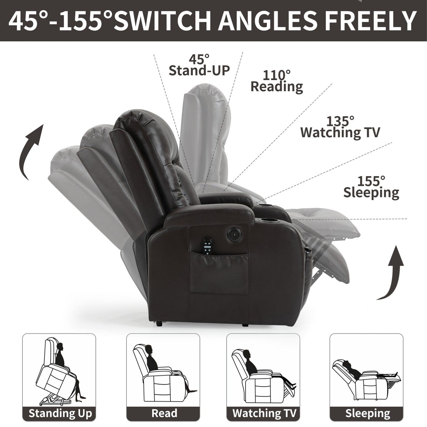 Fauteuil inclinable électrique à positions multiples avec massage et chauffage, deux ports USB, porte-gobelets, poches latérales, idéal pour les seniors