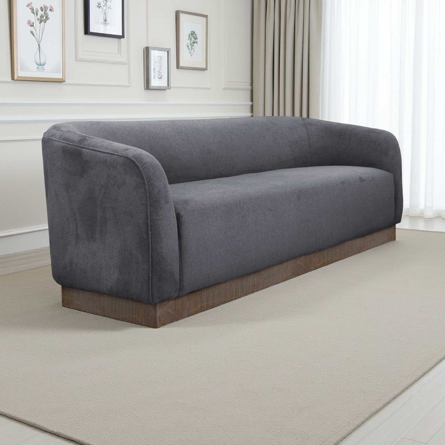Canapé Ino, polyester gris foncé, coussins en mousse, base en bois massif, 223 cm