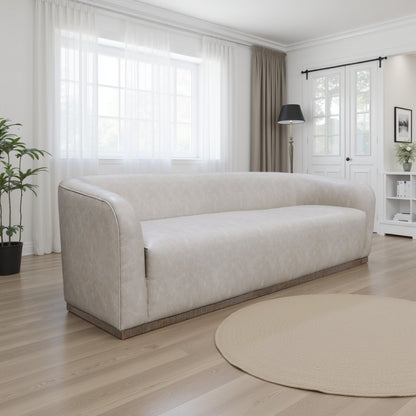 Canapé Ino, polyester gris, coussins en mousse, piètement en pin massif, 223 cm