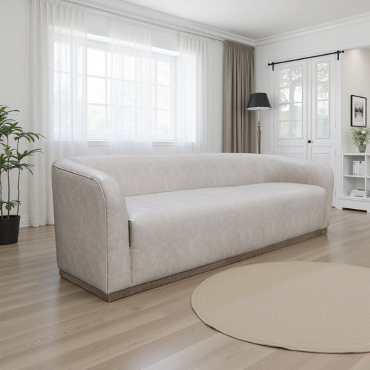 Canapé Ino, polyester gris, coussins en mousse, piètement en pin massif, 223 cm