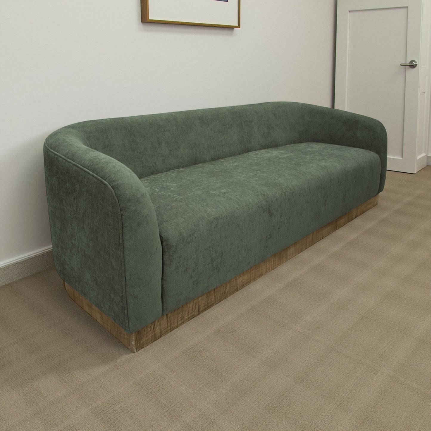 Canapé Ino, polyester vert olive, coussins en mousse, pin massif, 223 cm
