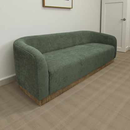 Canapé Ino, polyester vert olive, coussins en mousse, pin massif, 223 cm