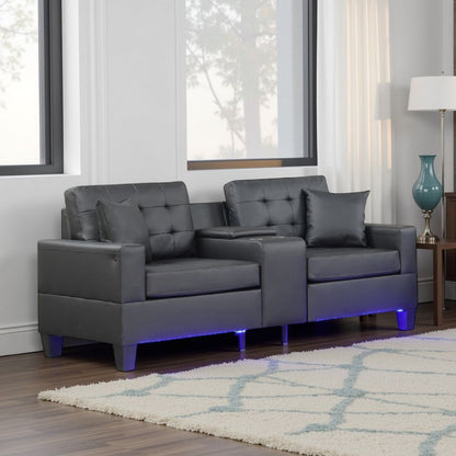 Canapé Iris avec LED, ports USB, porte-gobelets, similicuir noir 85 pouces