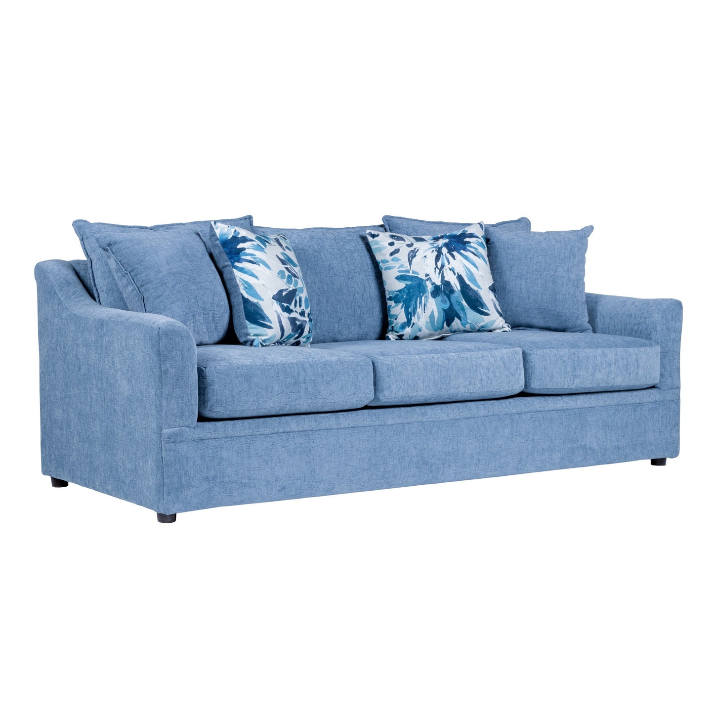 Canapé Ivie, 4 coussins, 205 cm, bleu ardoise clair, accoudoirs droits, bois massif