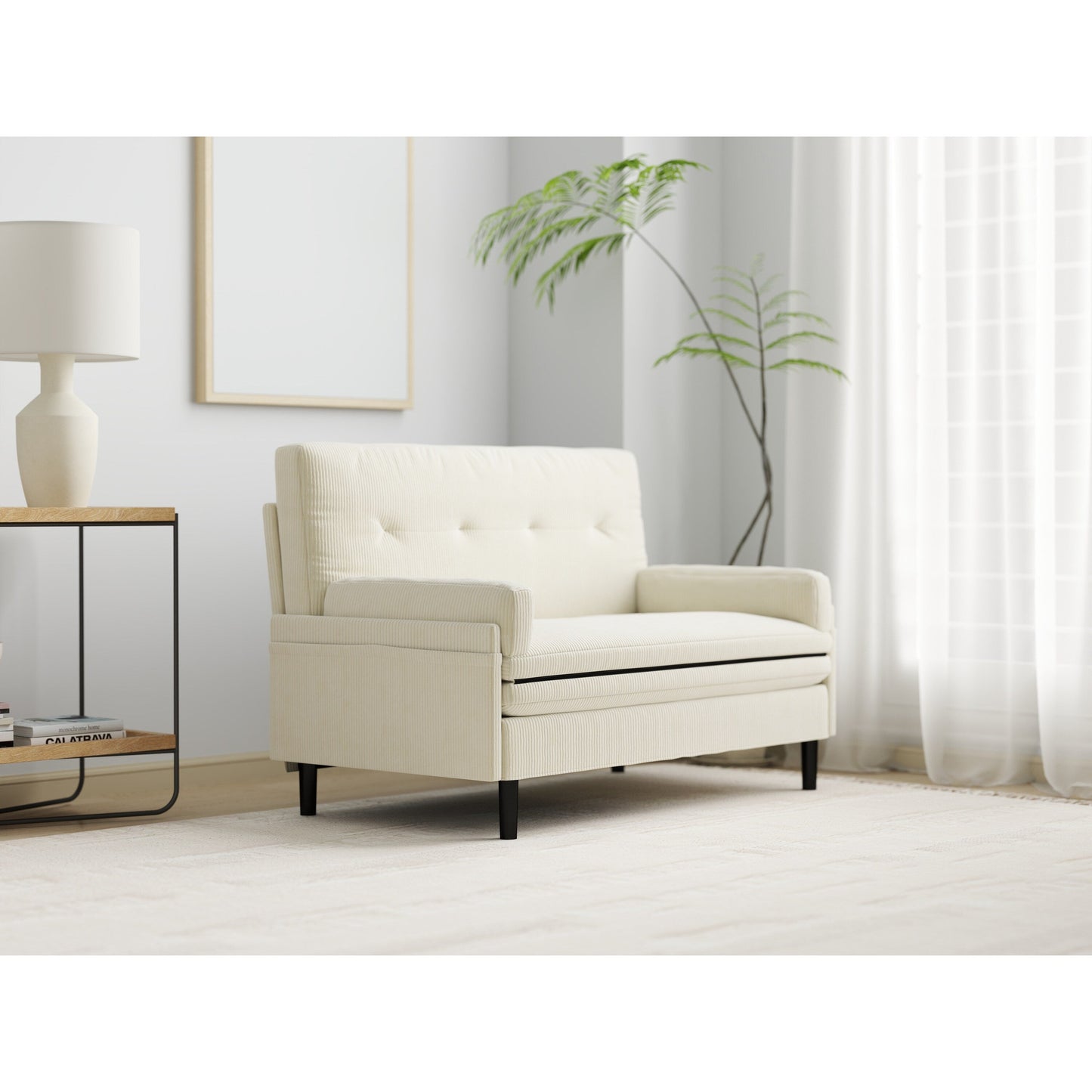 Canapé-lit d'appoint et causeuse réglable en velours côtelé ivoire