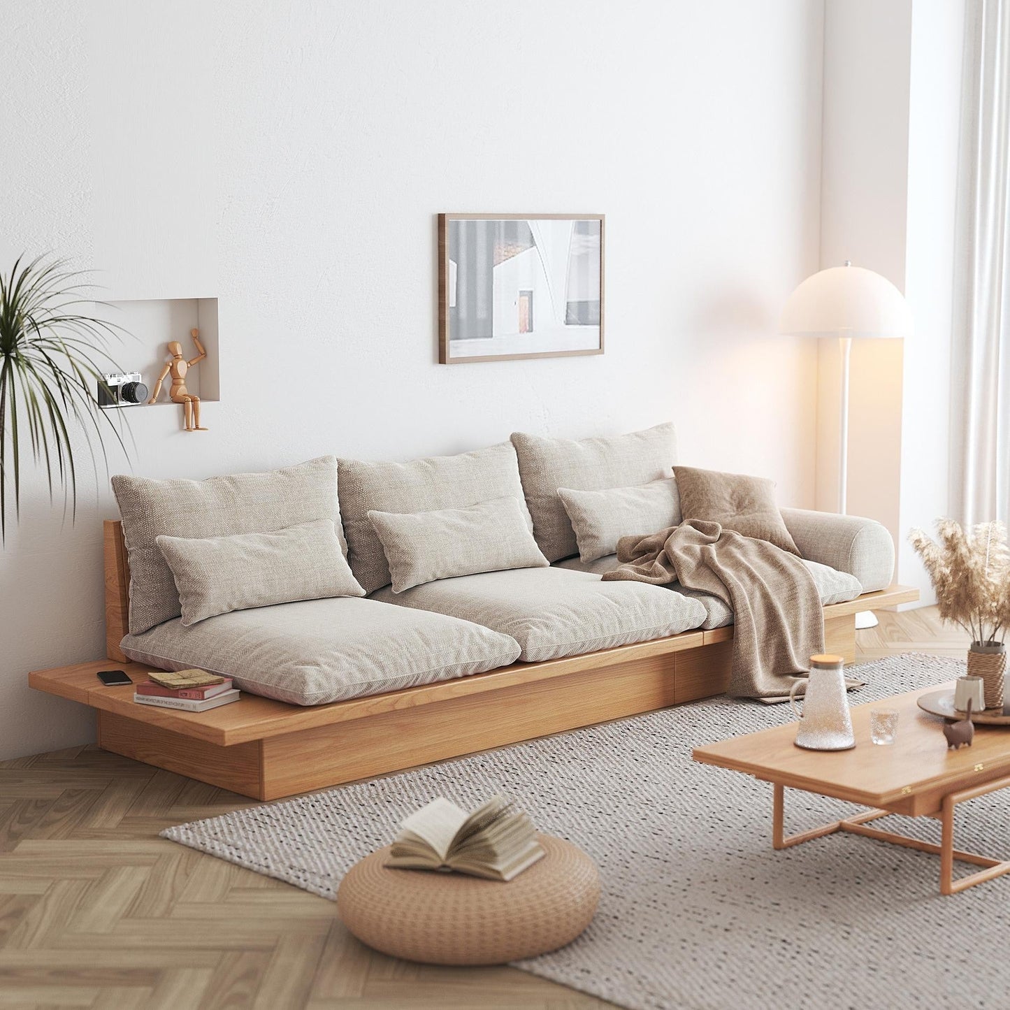 Canapé JASIWAY en coton beige avec cadre en bois