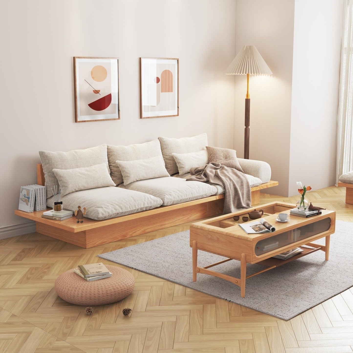 Canapé JASIWAY en coton beige avec cadre en bois