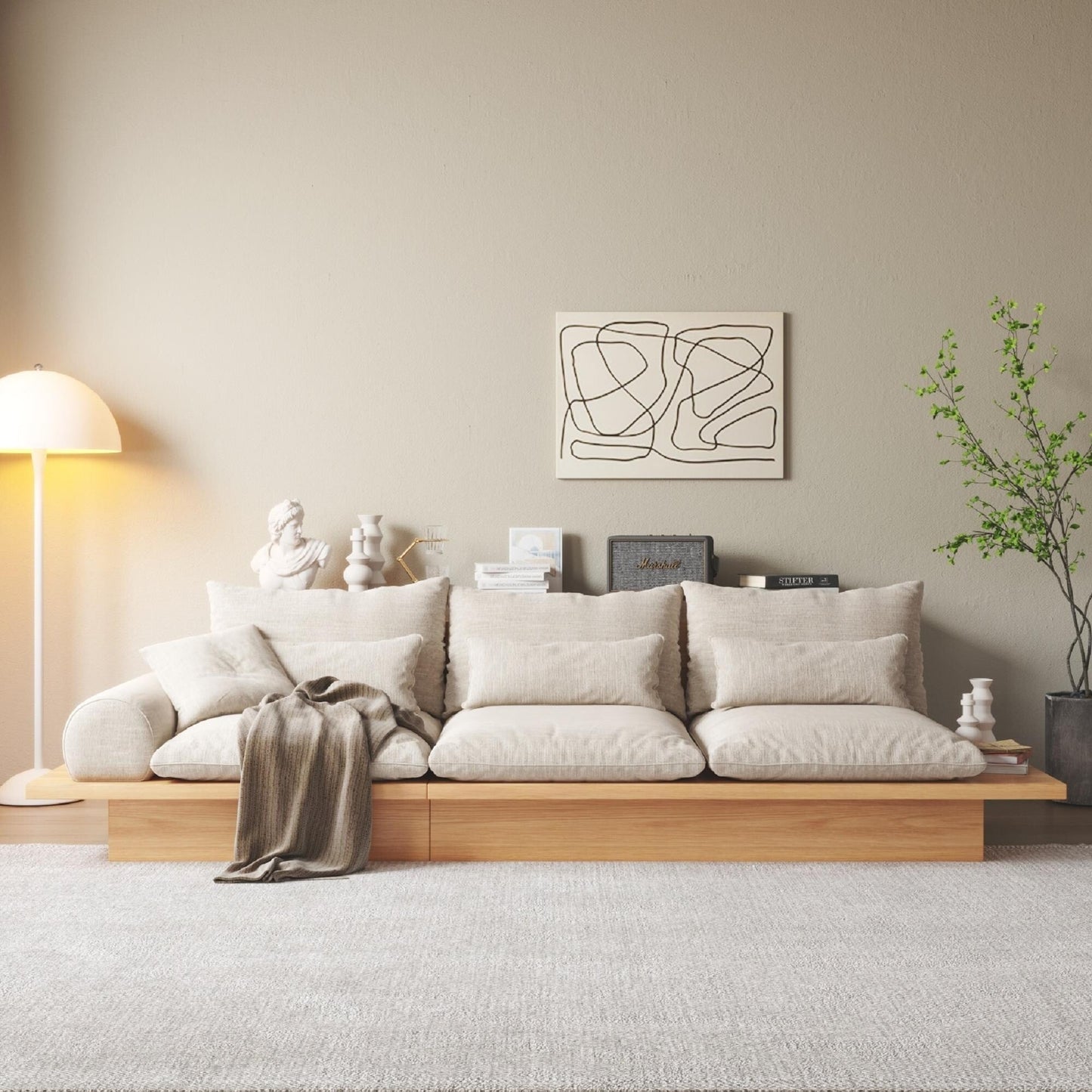 Canapé JASIWAY en coton beige avec cadre en bois