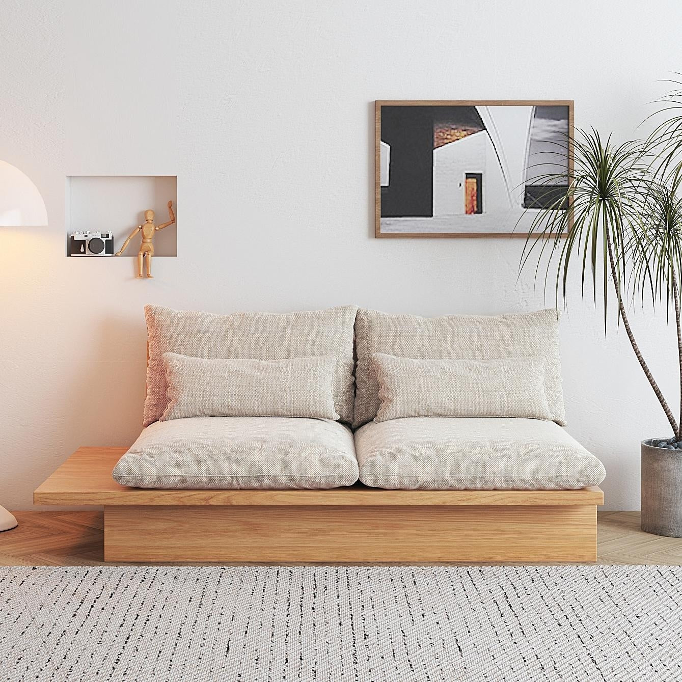 Canapé JASIWAY en coton beige avec cadre en bois